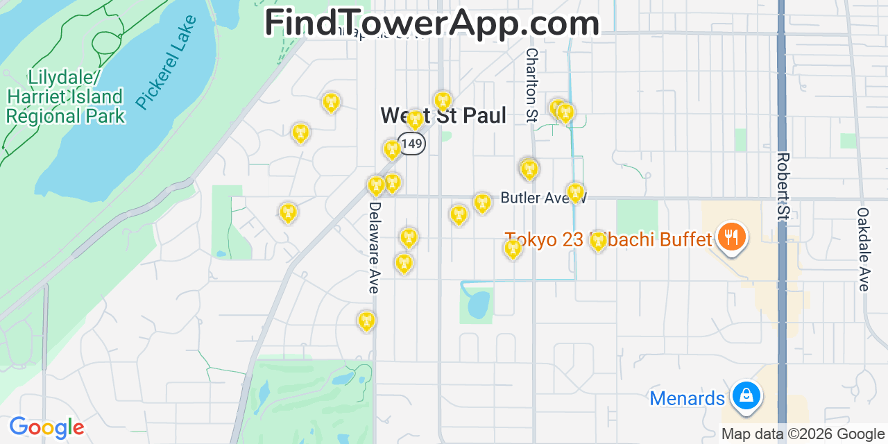 Map showing the 20 primary cell tower locations detected in West Saint Paul, Minnesota from AT&T, Verizon, and T-Mobile networks