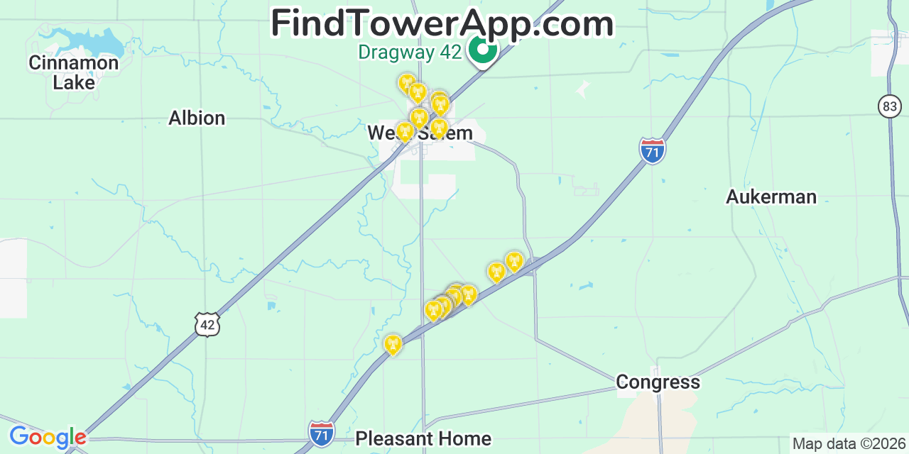 Map showing the 20 primary cell tower locations detected in West Salem, Ohio from AT&T, Verizon, and T-Mobile networks