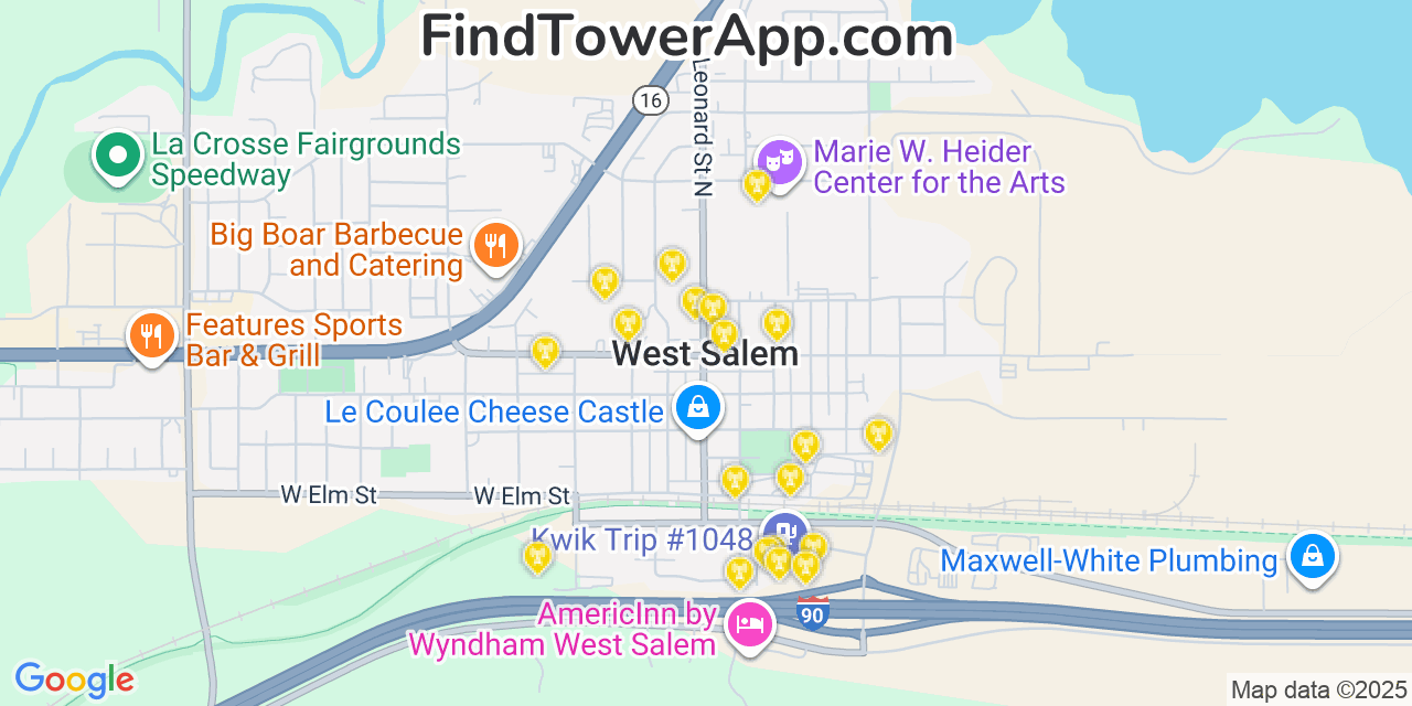 Map showing the 20 primary cell tower locations detected in West Salem, Wisconsin from AT&T, Verizon, and T-Mobile networks
