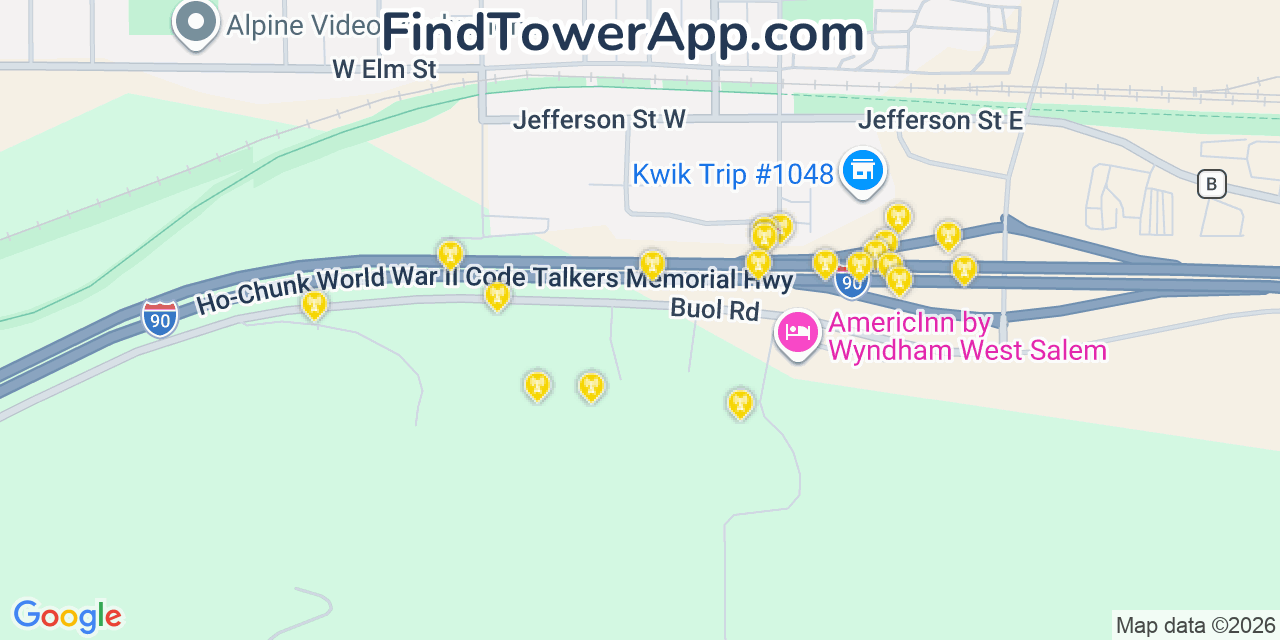 Map showing the 20 primary cell tower locations detected in West Salem, Wisconsin from AT&T, Verizon, and T-Mobile networks