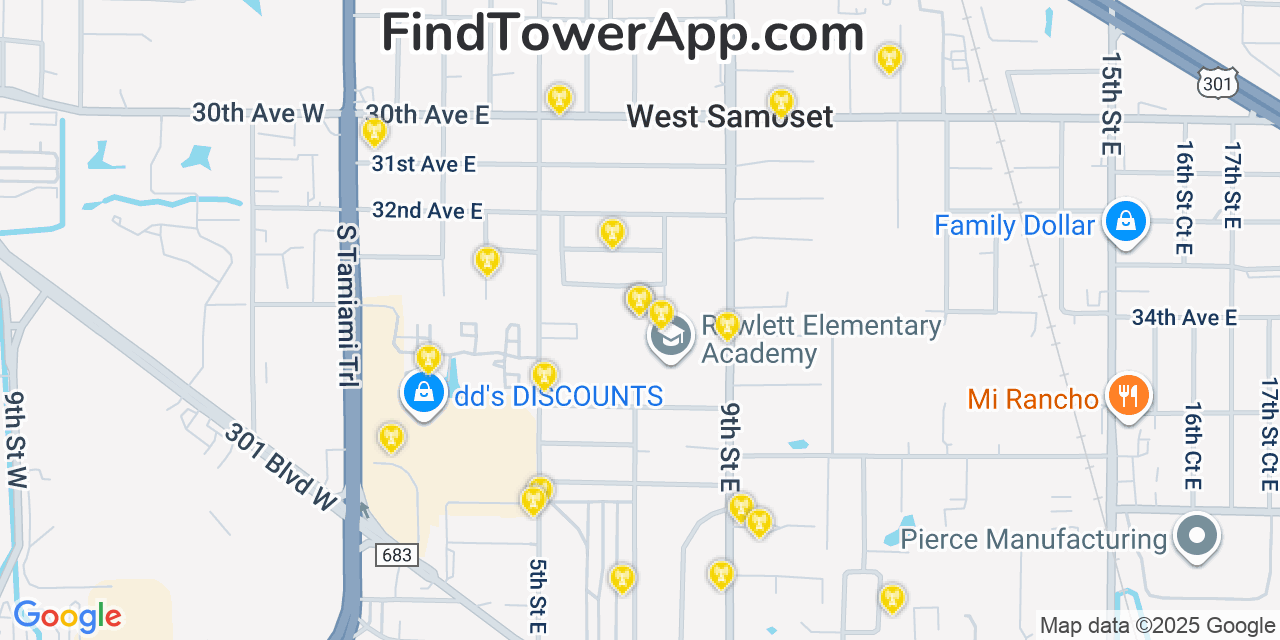 Map showing the 20 primary cell tower locations detected in West Samoset, Florida from AT&T, Verizon, and T-Mobile networks