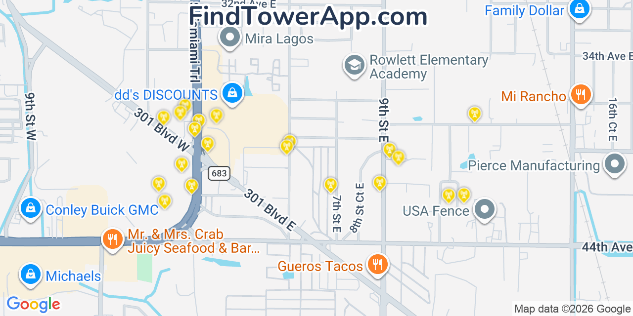Map showing the 20 primary cell tower locations detected in West Samoset, Florida from AT&T, Verizon, and T-Mobile networks