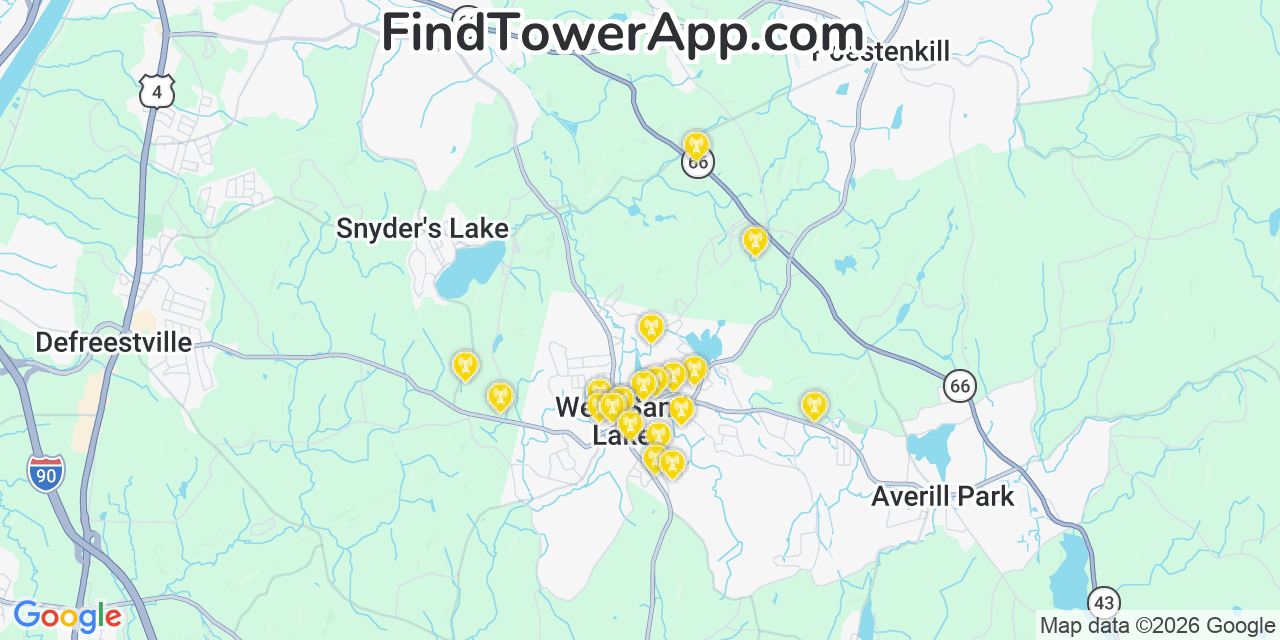 Map showing the 20 primary cell tower locations detected in West Sand Lake, New York from AT&T, Verizon, and T-Mobile networks