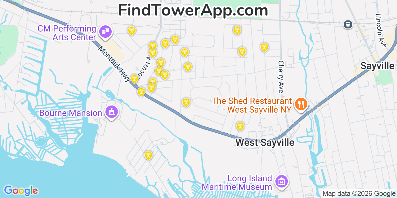 Map showing the 20 primary cell tower locations detected in West Sayville, New York from AT&T, Verizon, and T-Mobile networks