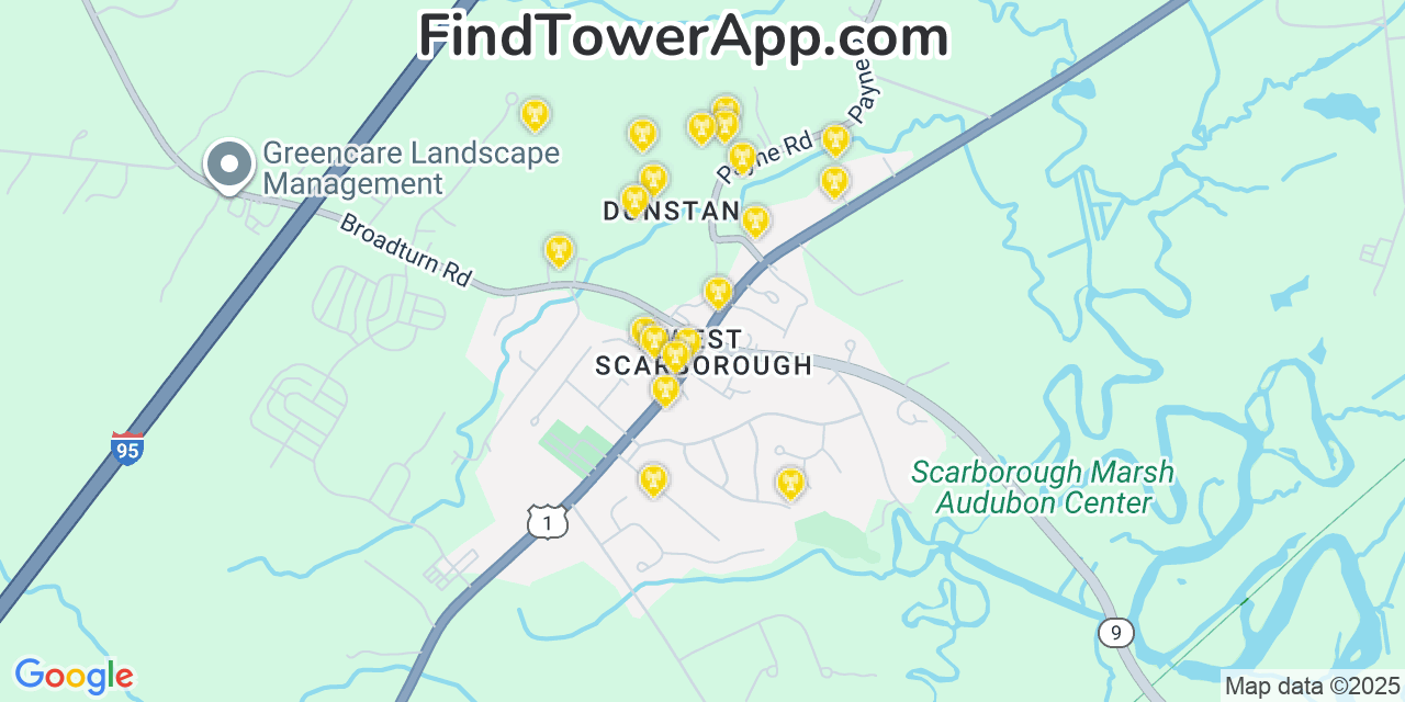Map showing the 20 primary cell tower locations detected in West Scarborough, Maine from AT&T, Verizon, and T-Mobile networks