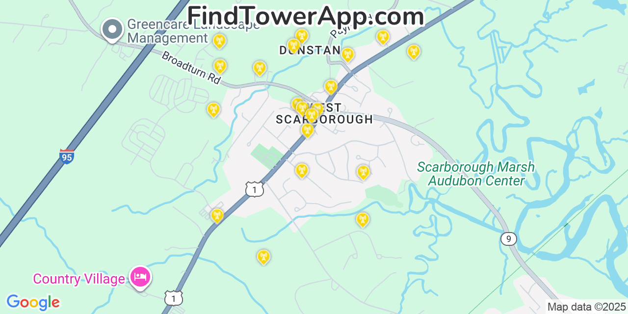Map showing the 20 primary cell tower locations detected in West Scarborough, Maine from AT&T, Verizon, and T-Mobile networks