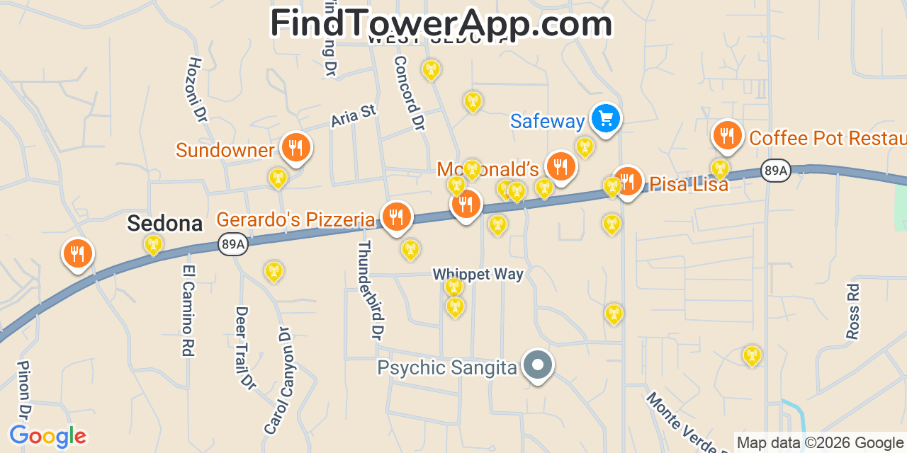 Map showing the 20 primary cell tower locations detected in West Sedona, Arizona from AT&T, Verizon, and T-Mobile networks
