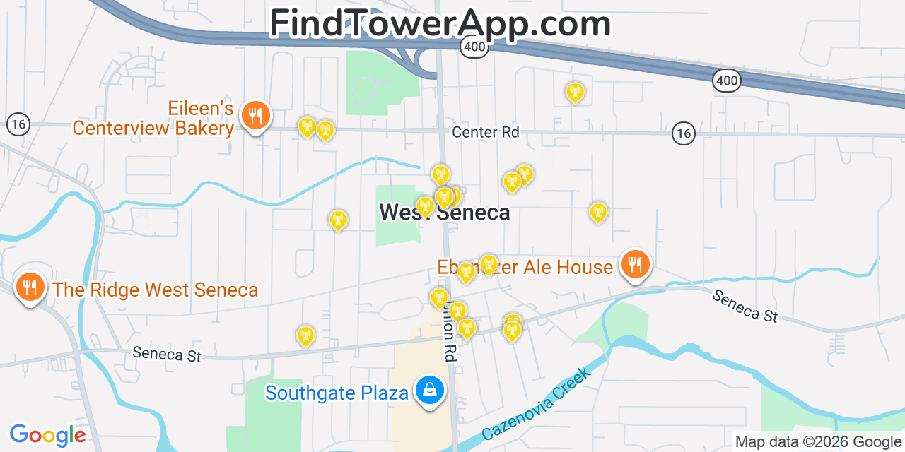 Map showing the 20 primary cell tower locations detected in West Seneca, New York from AT&T, Verizon, and T-Mobile networks
