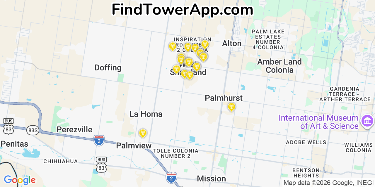 Map showing the 20 primary cell tower locations detected in West Sharyland, Texas from AT&T, Verizon, and T-Mobile networks