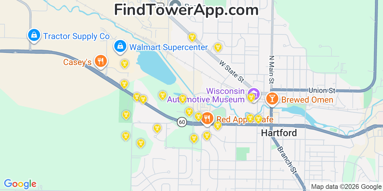 Map showing the 20 primary cell tower locations detected in West Side Highway, Washington from AT&T, Verizon, and T-Mobile networks