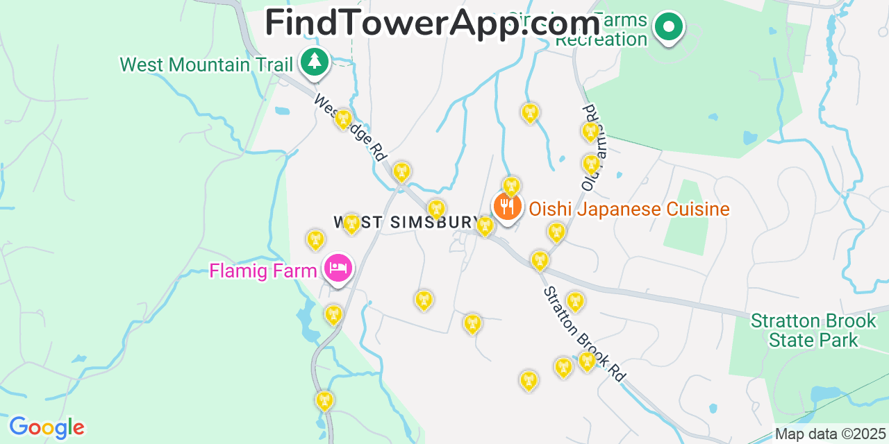 Map showing the 20 primary cell tower locations detected in West Simsbury, Connecticut from AT&T, Verizon, and T-Mobile networks