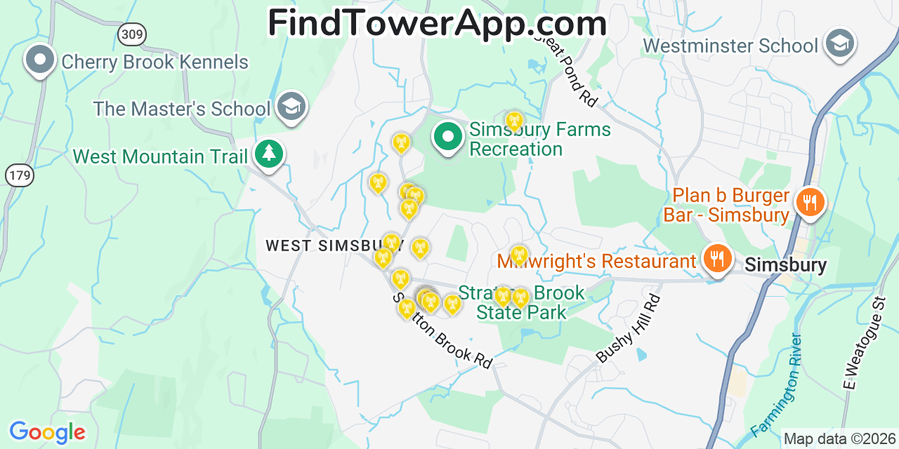 Map showing the 20 primary cell tower locations detected in West Simsbury, Connecticut from AT&T, Verizon, and T-Mobile networks