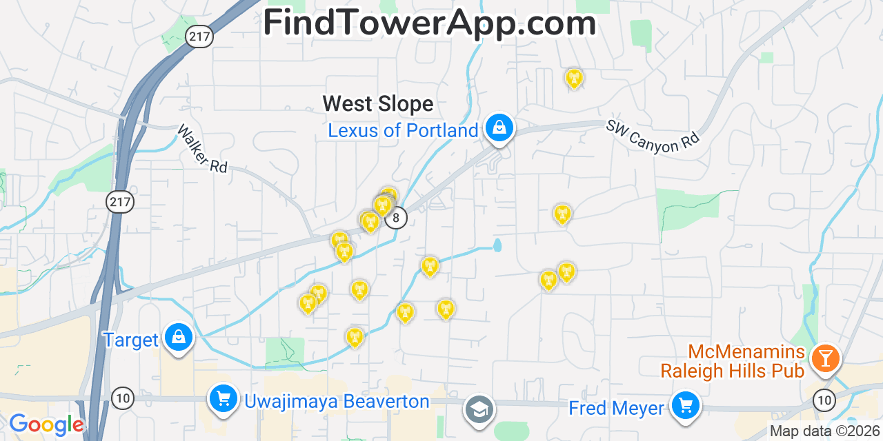 Map showing the 20 primary cell tower locations detected in West Slope, Oregon from AT&T, Verizon, and T-Mobile networks