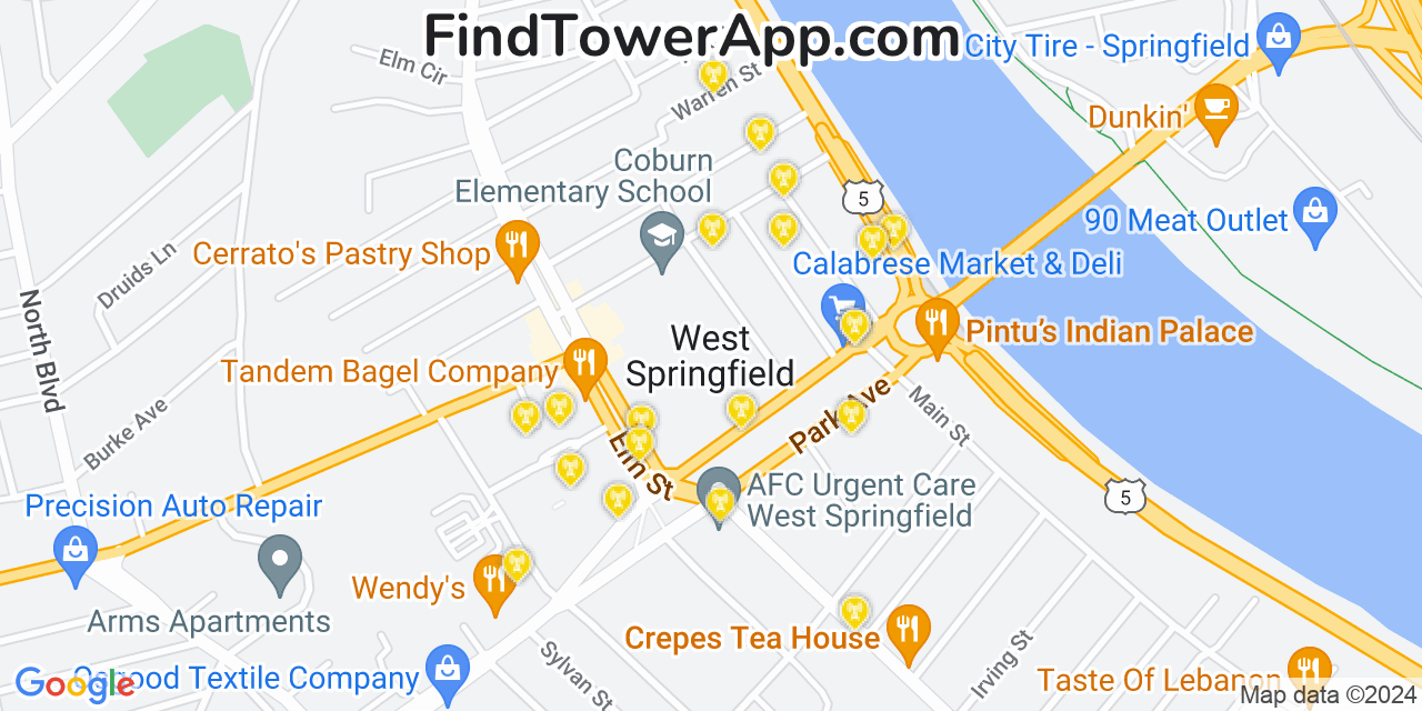 AT&T 4G/5G cell tower coverage map West Springfield, Massachusetts