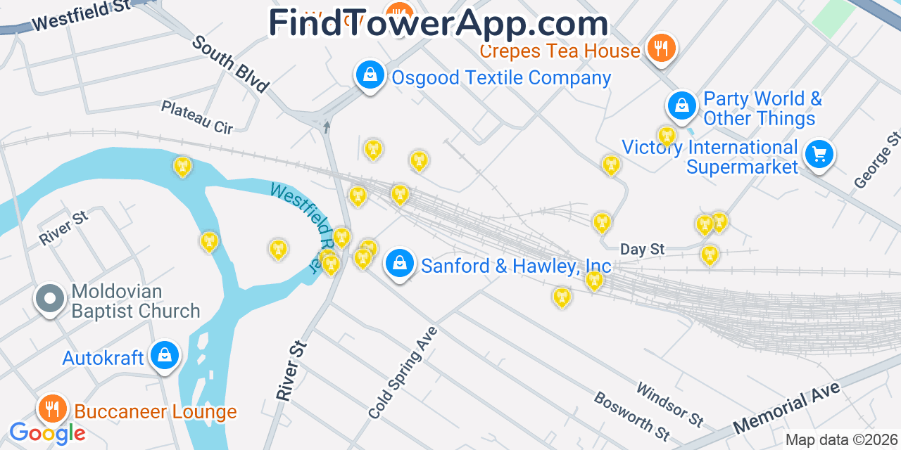Map showing the 20 primary cell tower locations detected in West Springfield, Massachusetts from AT&T, Verizon, and T-Mobile networks