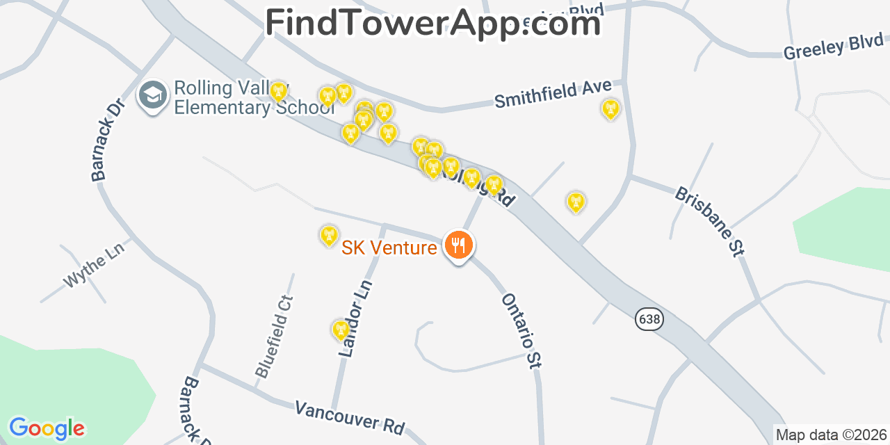 Map showing the 20 primary cell tower locations detected in West Springfield, Virginia from AT&T, Verizon, and T-Mobile networks