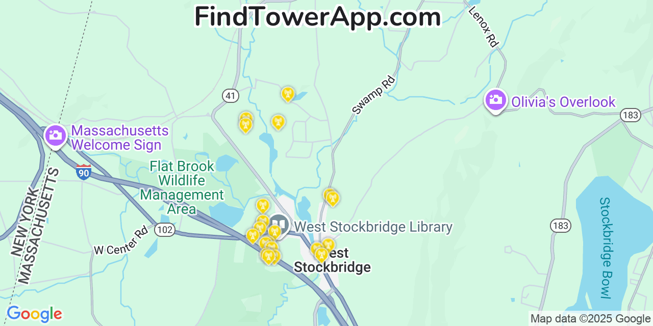 Map showing the 20 primary cell tower locations detected in West Stockbridge, Massachusetts from AT&T, Verizon, and T-Mobile networks