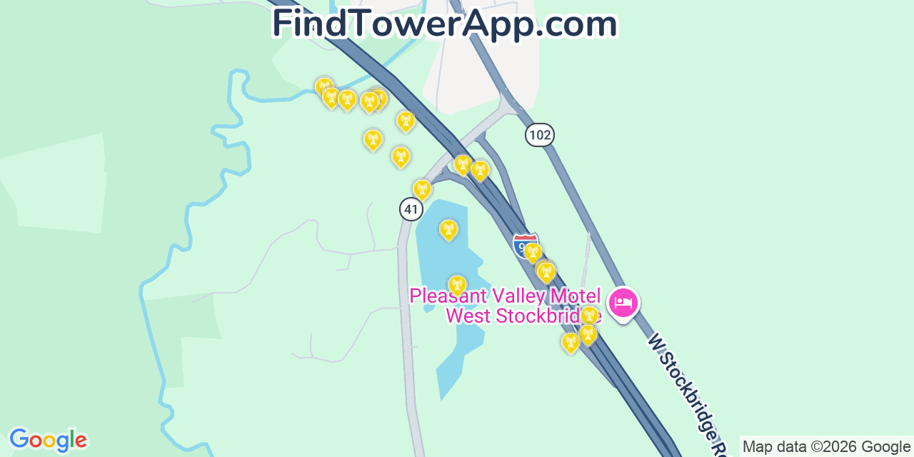 Map showing the 20 primary cell tower locations detected in West Stockbridge, Massachusetts from AT&T, Verizon, and T-Mobile networks