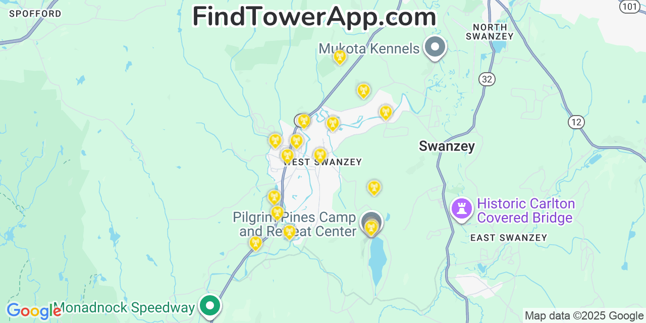 Map showing the 20 primary cell tower locations detected in West Swanzey, New Hampshire from AT&T, Verizon, and T-Mobile networks