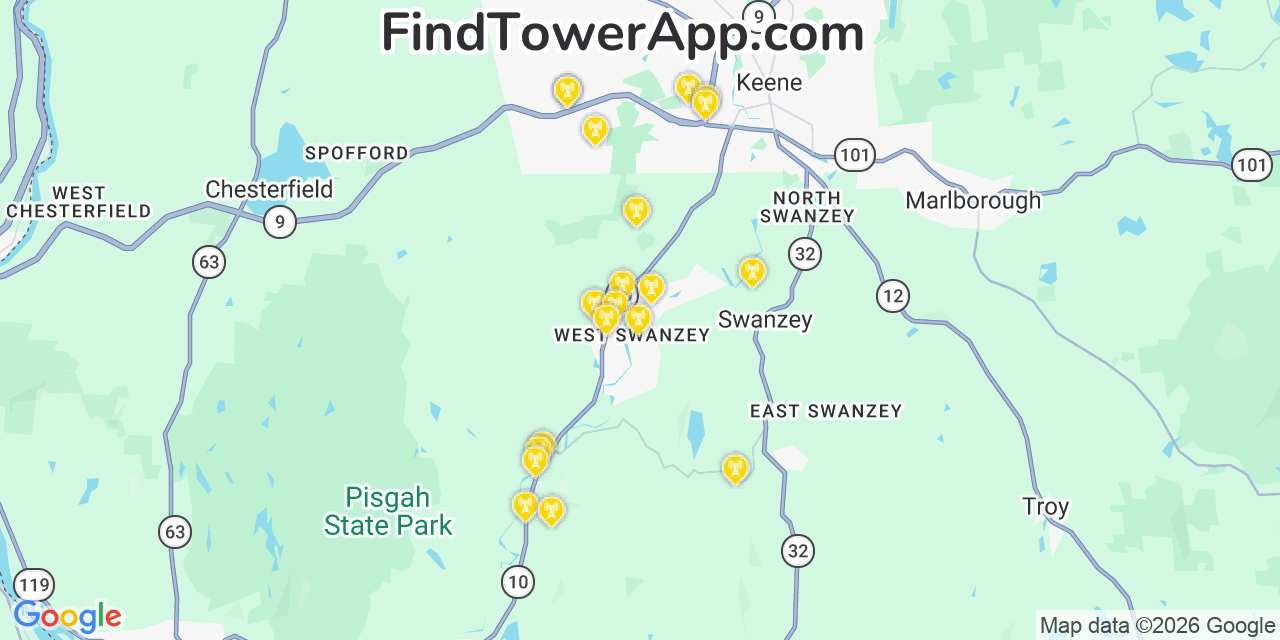 Map showing the 20 primary cell tower locations detected in West Swanzey, New Hampshire from AT&T, Verizon, and T-Mobile networks