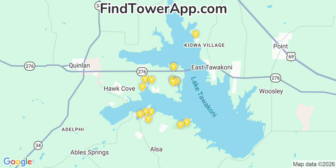 Map showing the 20 primary cell tower locations detected in West Tawakoni, Texas from AT&T, Verizon, and T-Mobile networks