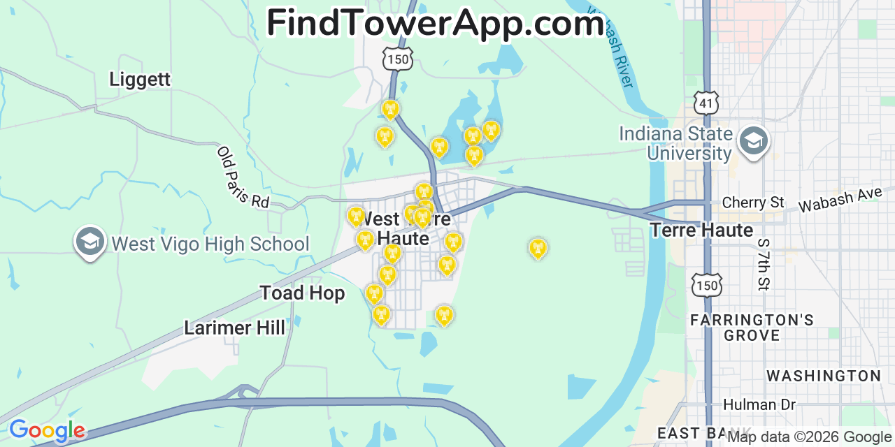 Map showing the 20 primary cell tower locations detected in West Terre Haute, Indiana from AT&T, Verizon, and T-Mobile networks