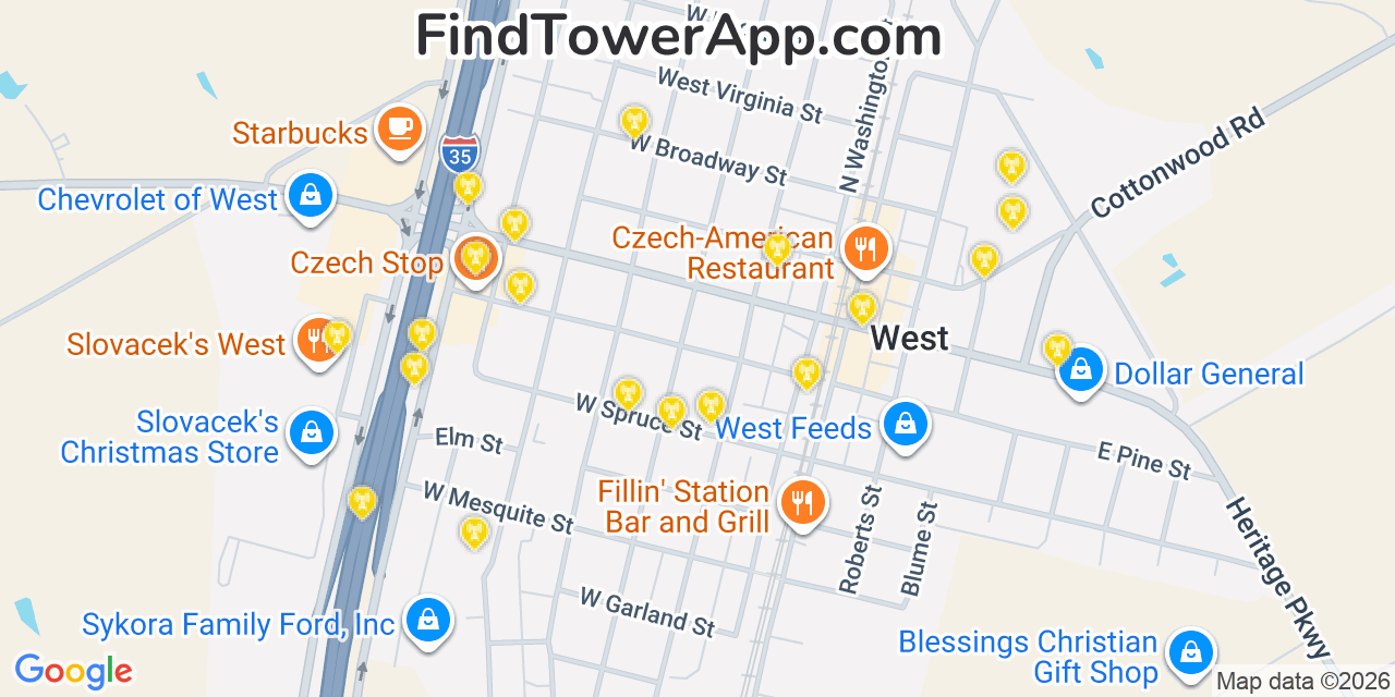 Map showing the 20 primary cell tower locations detected in West, Texas from AT&T, Verizon, and T-Mobile networks