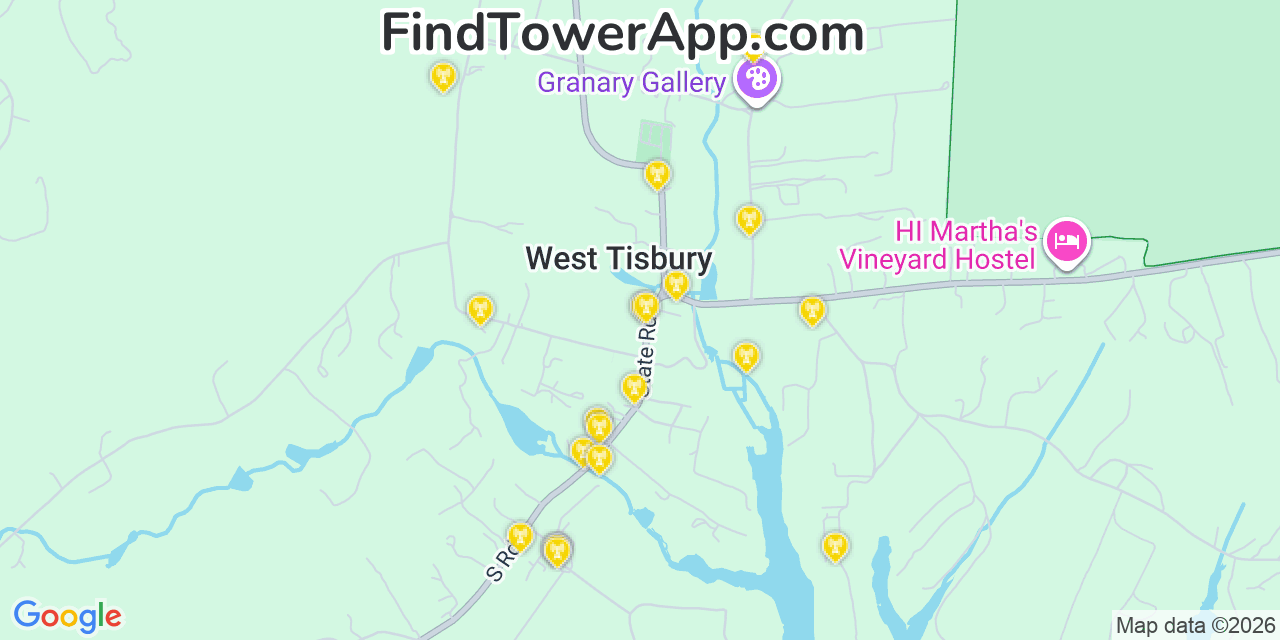 Map showing the 20 primary cell tower locations detected in West Tisbury, Massachusetts from AT&T, Verizon, and T-Mobile networks