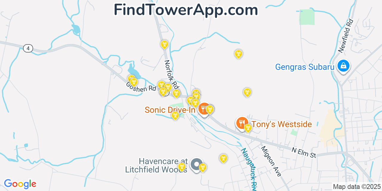 Map showing the 20 primary cell tower locations detected in West Torrington, Connecticut from AT&T, Verizon, and T-Mobile networks