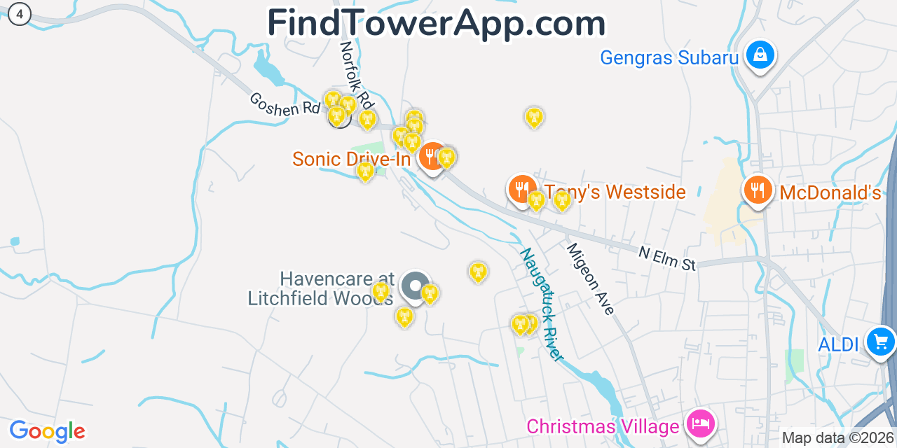 Map showing the 20 primary cell tower locations detected in West Torrington, Connecticut from AT&T, Verizon, and T-Mobile networks