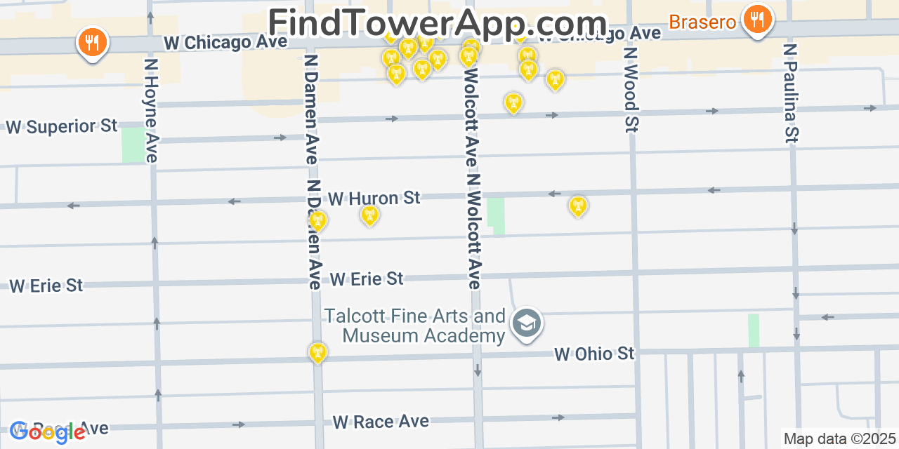 Map showing the 20 primary cell tower locations detected in West Town, Illinois from AT&T, Verizon, and T-Mobile networks