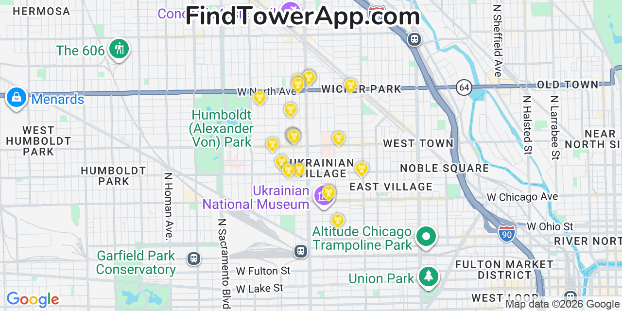 Map showing the 20 primary cell tower locations detected in West Town, Illinois from AT&T, Verizon, and T-Mobile networks