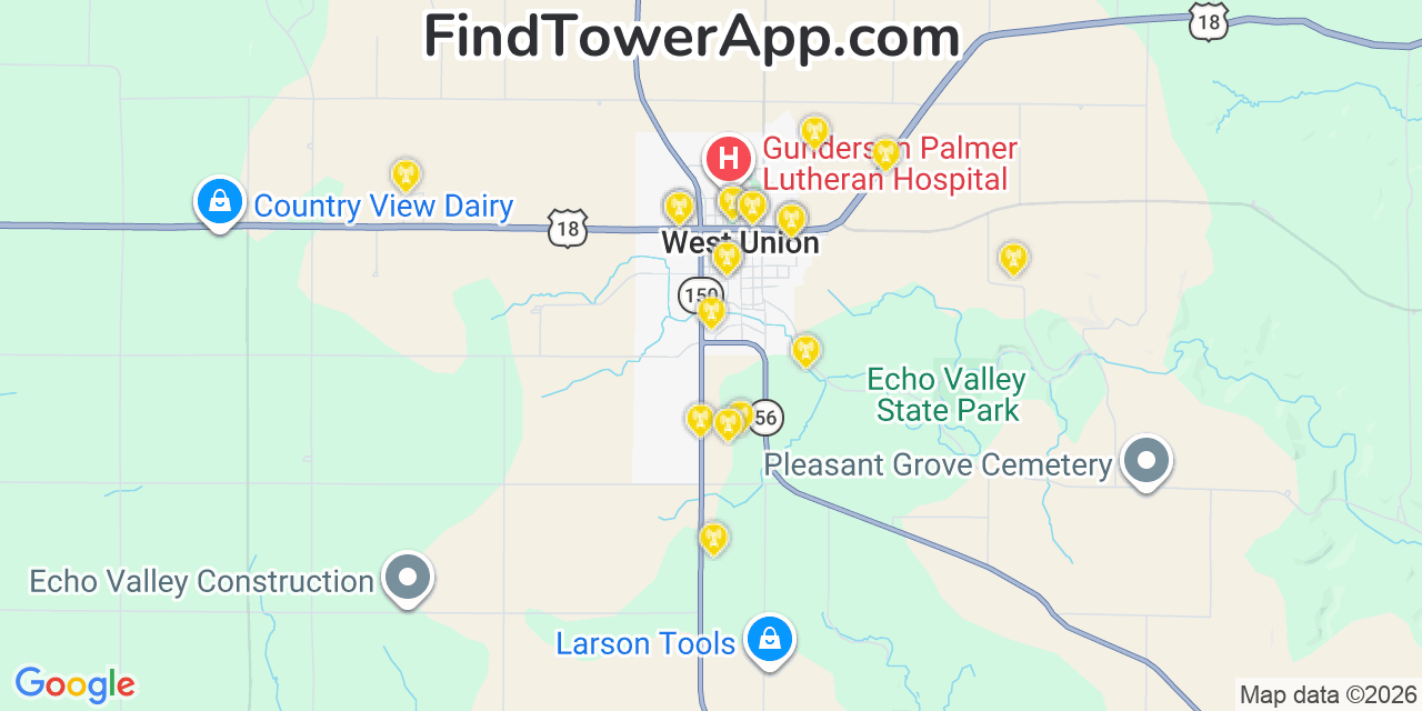 Map showing the 20 primary cell tower locations detected in West Union, Iowa from AT&T, Verizon, and T-Mobile networks