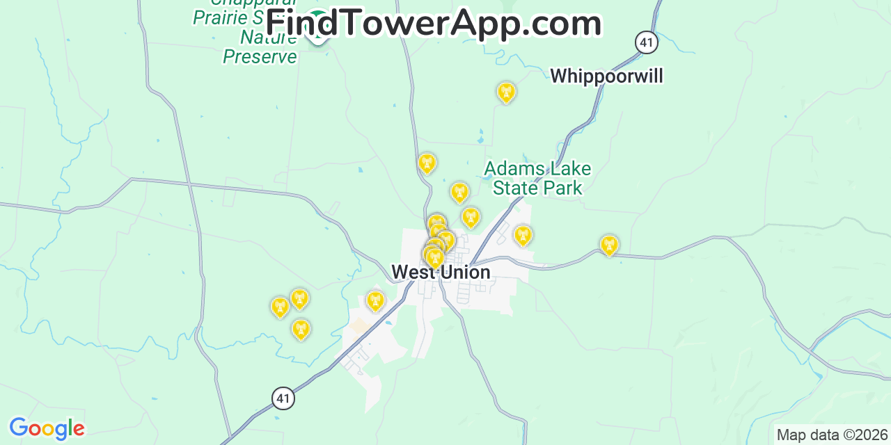 Map showing the 20 primary cell tower locations detected in West Union, Ohio from AT&T, Verizon, and T-Mobile networks
