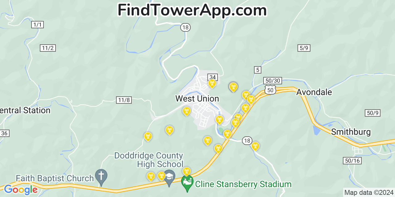 AT&T 4G/5G cell tower coverage map West Union, West Virginia