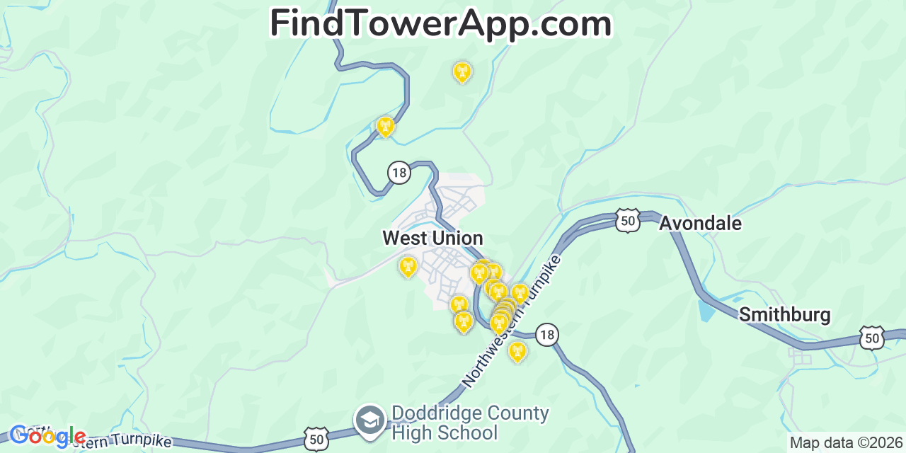Map showing the 20 primary cell tower locations detected in West Union, West Virginia from AT&T, Verizon, and T-Mobile networks