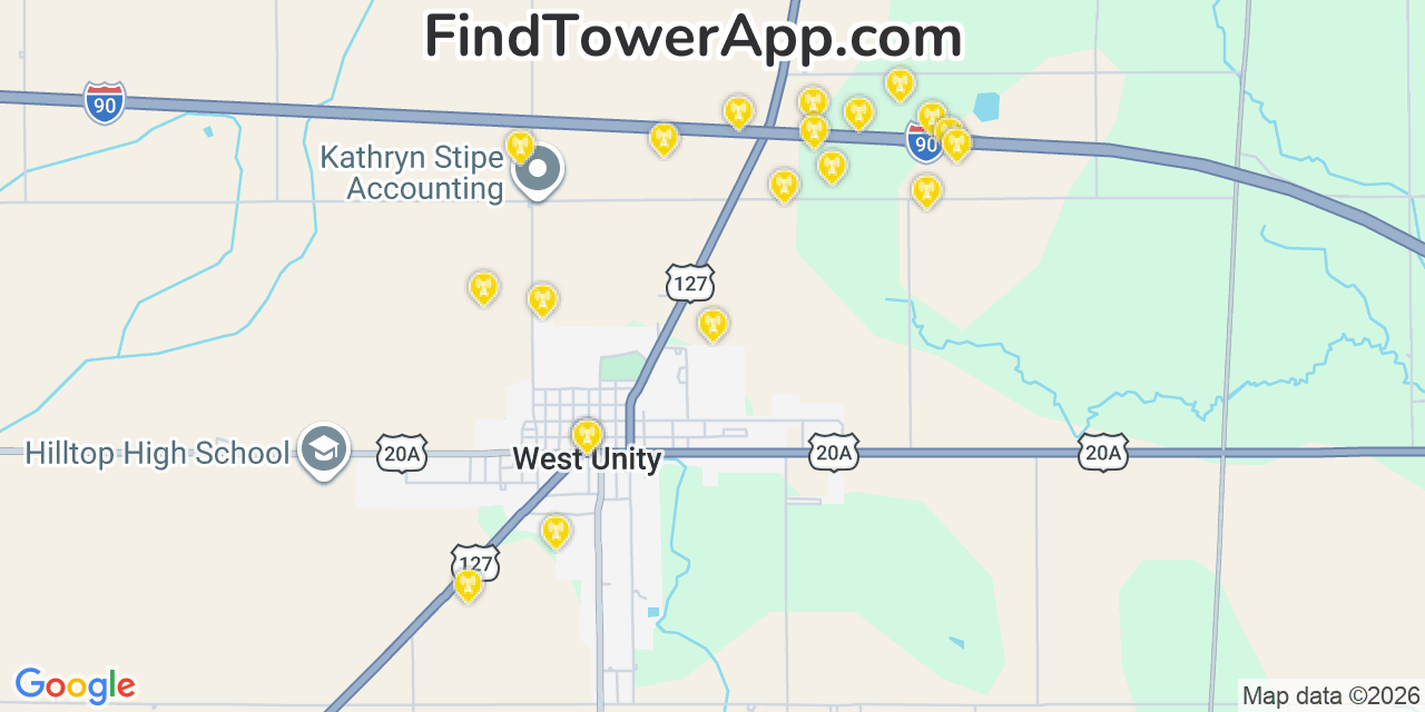 Map showing the 20 primary cell tower locations detected in West Unity, Ohio from AT&T, Verizon, and T-Mobile networks