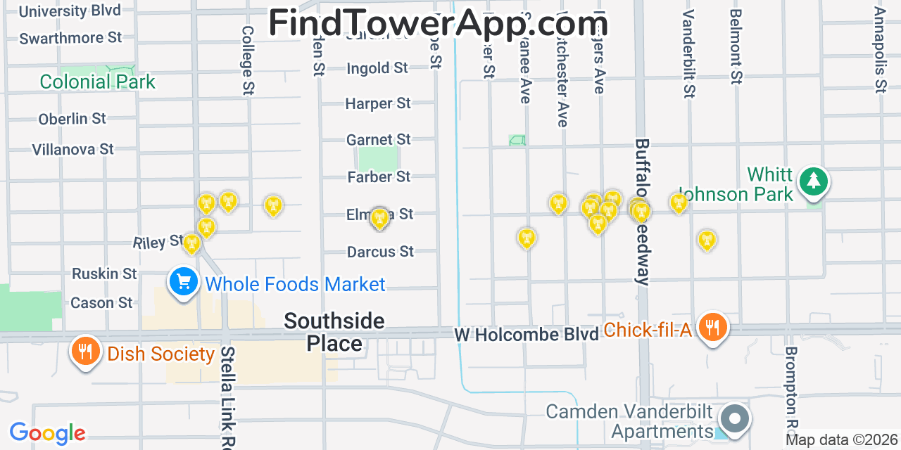 Map showing the 20 primary cell tower locations detected in West University Place, Texas from AT&T, Verizon, and T-Mobile networks