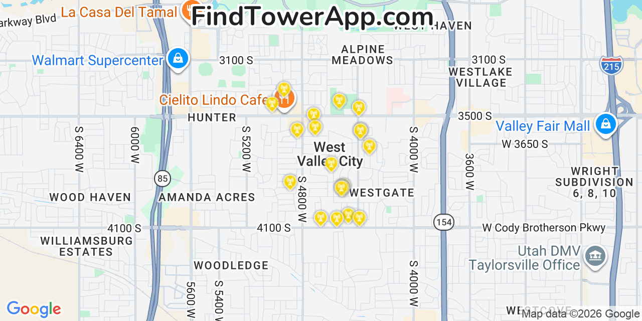 Map showing the 20 primary cell tower locations detected in West Valley City, Utah from AT&T, Verizon, and T-Mobile networks