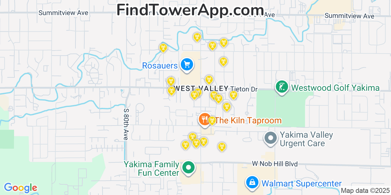 Map showing the 20 primary cell tower locations detected in West Valley, Washington from AT&T, Verizon, and T-Mobile networks