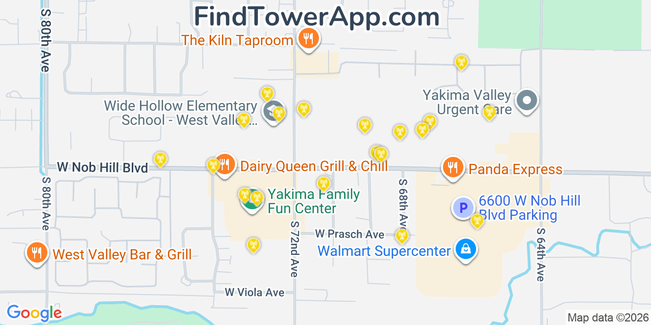 Map showing the 20 primary cell tower locations detected in West Valley, Washington from AT&T, Verizon, and T-Mobile networks