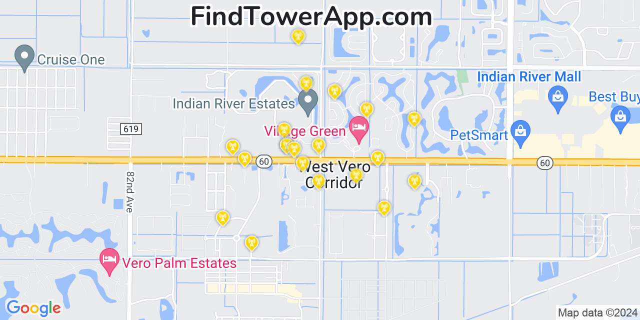 AT&T 4G/5G cell tower coverage map West Vero Corridor, Florida