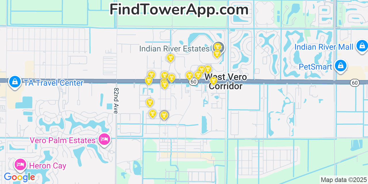 Map showing the 20 primary cell tower locations detected in West Vero Corridor, Florida from AT&T, Verizon, and T-Mobile networks