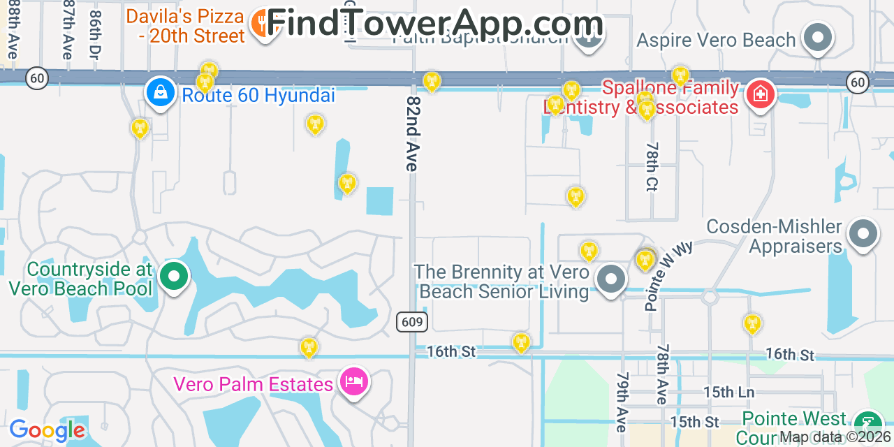 Map showing the 20 primary cell tower locations detected in West Vero Corridor, Florida from AT&T, Verizon, and T-Mobile networks