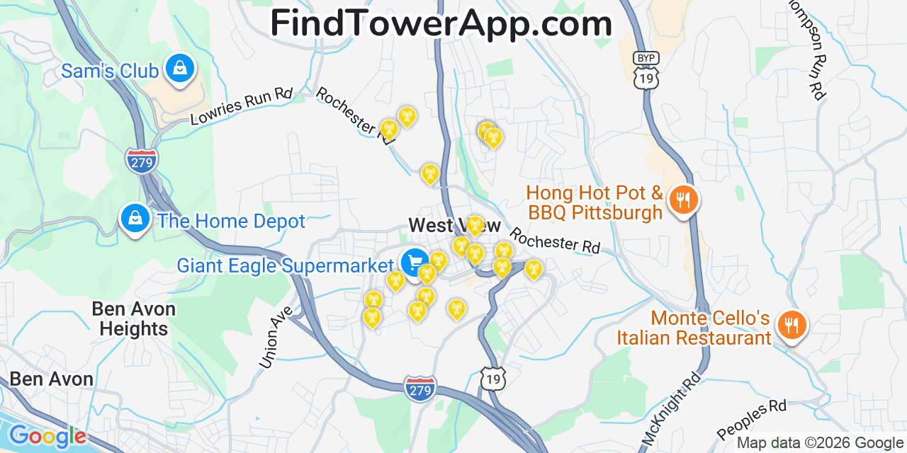 Map showing the 20 primary cell tower locations detected in West View, Pennsylvania from AT&T, Verizon, and T-Mobile networks