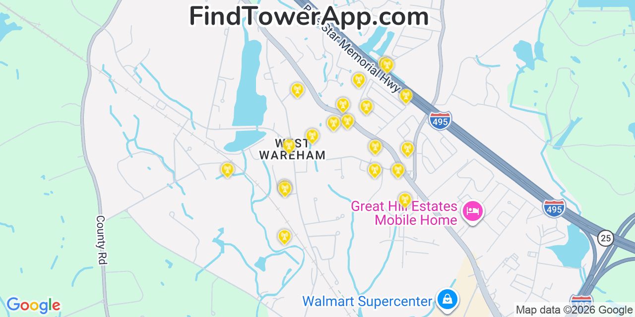 Map showing the 20 primary cell tower locations detected in West Wareham, Massachusetts from AT&T, Verizon, and T-Mobile networks