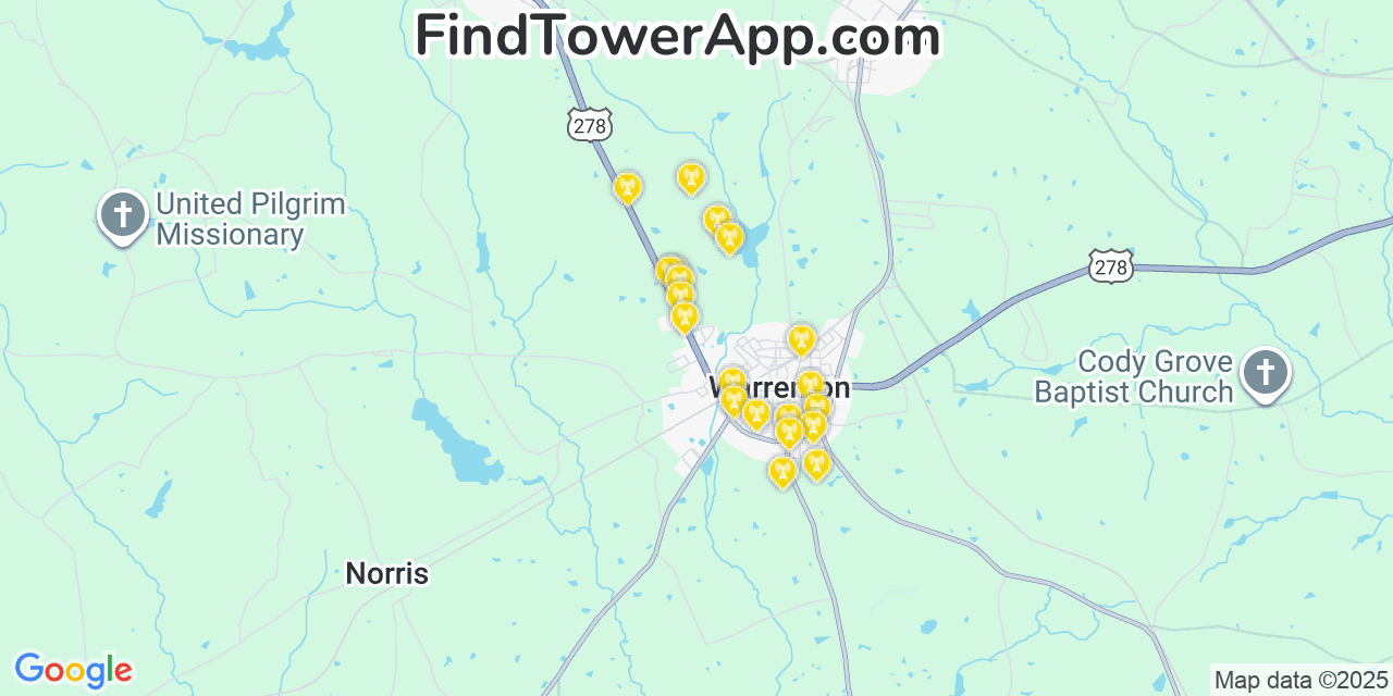 Map showing the 20 primary cell tower locations detected in West Warrenton, Georgia from AT&T, Verizon, and T-Mobile networks