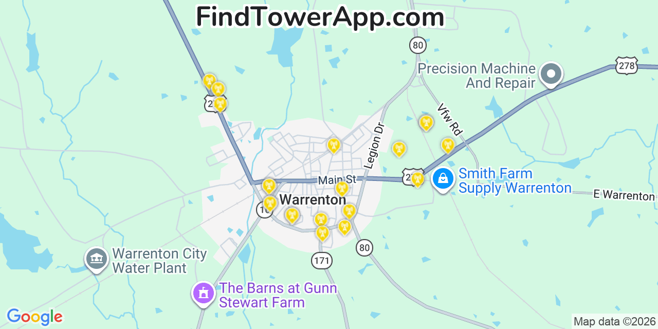 Map showing the 20 primary cell tower locations detected in West Warrenton, Georgia from AT&T, Verizon, and T-Mobile networks
