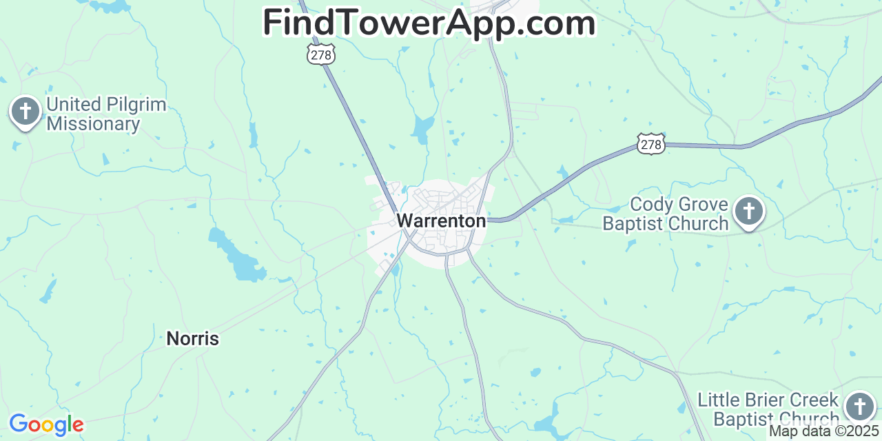 Map showing the 20 primary Mobitel cell tower locations detected in West Warrenton, Georgia with coverage radius and signal strength indicators