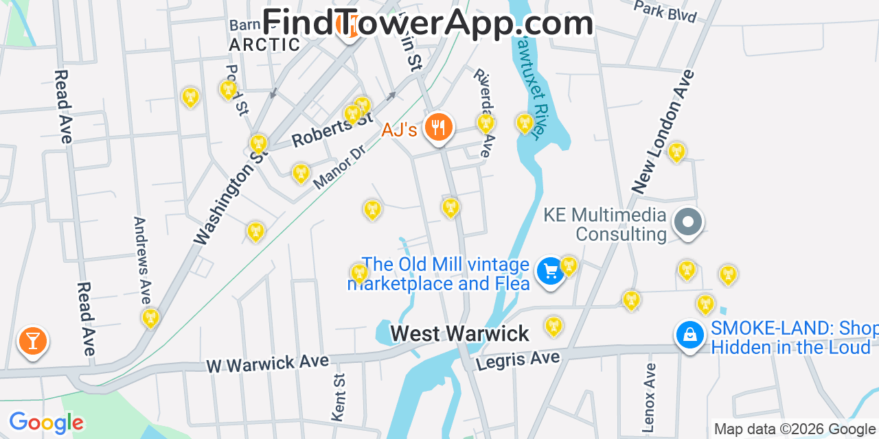 Map showing the 20 primary cell tower locations detected in West Warwick, Rhode Island from AT&T, Verizon, and T-Mobile networks